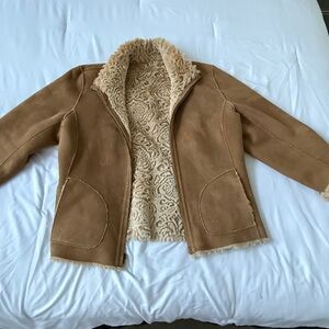 Reversible Suede Leather Bomber Jacket Embossed Damask Lined Tan Women Large